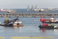 Engineering shipping crane depot at logistic export terminal control. Warehouse freight background container yard loading quayside