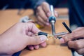 Engineering soldering RCA cable Royalty Free Stock Photo