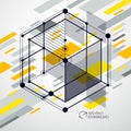 Engineering technological yellow vector 3D wallpaper made with cubes and lines. Illustration of engineering system, abstract Royalty Free Stock Photo