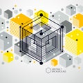 Engineering technological yellow vector 3D wallpaper made with cubes and lines. Illustration of engineering system, abstract Royalty Free Stock Photo