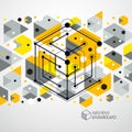 Engineering technological yellow vector 3D wallpaper made with cubes and lines. Illustration of engineering system, abstract Royalty Free Stock Photo