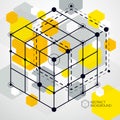 Engineering technological yellow vector 3D wallpaper made with cubes and lines. Illustration of engineering system, abstract Royalty Free Stock Photo