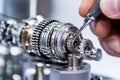 During engineering testing, a hand is seen adjusting a mechanical gear with great precision in a highly detailed Royalty Free Stock Photo