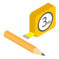 Engineering tool icon isometric vector. Yellow measuring tape and wooden pencil