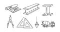 Engineering tools blueprint compass ruler beam concrete truck construction vector illustration Royalty Free Stock Photo