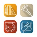 Engineering tools flat linear long shadow icons set. Caliper, pencil and ruler, measuring tape, drawing rulers. Vector