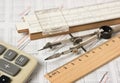 Engineering tools on technical drawing Royalty Free Stock Photo