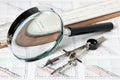 Engineering tools on technical drawing Royalty Free Stock Photo