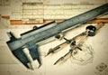 engineering tools on technical drawing Royalty Free Stock Photo