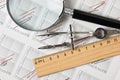 engineering tools on technical drawing Royalty Free Stock Photo