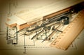 engineering tools on technical drawing Royalty Free Stock Photo