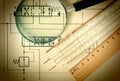 engineering tools on technical drawing Royalty Free Stock Photo