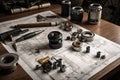 Engineering tools on a technical drawing. Selective focus. Toned. Engineering and technician drawings and designs on table, AI Royalty Free Stock Photo