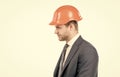 Engineering with value. Profile portrait of engineer. Civil engineer side-face. Construction man