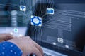 Engineers are analyzing electronic circuits to create new and advanced technologies for future use. Businessman working at home in