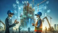 Engineers in AR headsets collaborating on a futuristic construction site with holographic blueprints and digital interfaces Royalty Free Stock Photo