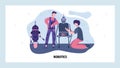 Engineers build and repair robot. Future android robotics technology. Construct a robot in garage. Vector web site Royalty Free Stock Photo
