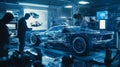 Engineers collaborate on a futuristic car prototype with holographic tech in a high tech lab