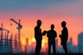 Engineers and Construction Team Working on Site Against Sunset Backdrop in Blurred Background With Soft Light in High Resolution Royalty Free Stock Photo