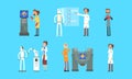 Engineers creating and programming robots set. Scientists creating artificial intelligence vector illustration Royalty Free Stock Photo