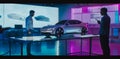 Engineers designing futuristic car model in high-tech laboratory with holographic displays