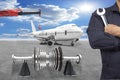 Engineers disassembled to basic parts of airplane are performing Royalty Free Stock Photo