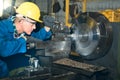 Experienced technicians Caucasian man are working by controlling steel lathes Royalty Free Stock Photo