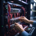 IT engineers hands close up, installing fiber cable in data center