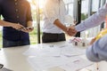 Engineers handshake at meeting. Congratulations and agreed to do the project together Royalty Free Stock Photo