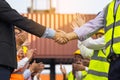 Engineers handshaking on construction site after successful meetingon workers or business