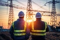 Back view of two engineers standing on construction site and looking at pylons., generative ai