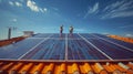 Engineers Inspecting Solar Panels on a Rooftop Under Blue Sky