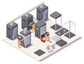 Engineers installing servers in data center, vector isometric illustration. Installation and configuration hardware.