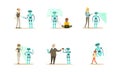 Engineers Making and Programming Robots Set, Robot Designing and Repairing, Artificial Intelligence Technology Cartoon