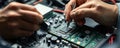 Engineers meticulously work on electronic circuit boards. Precision tools used for component verification. Quality control,