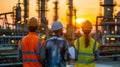 Engineers Overlooking Industrial Plant at Sunset Inspecting Pipeline and Planning Operations Royalty Free Stock Photo