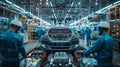 Engineers Overseeing Electric Car Assembly with Digital Overlay in High-Tech Factory