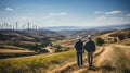 Engineers in protective headgear surveying wind turbines with rolling