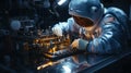 Engineers in spacesuits conduct assembly of spacecraft components in a dimly lit workshop