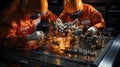 Engineers in spacesuits work on assembling advanced spacecraft components in high-tech facility