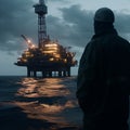 Engineers and staff are working on an oil drilling platform in the middle of the sea.AI generated