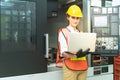 Engineers, Technicians Caucasian woman Using notebook computer for setting up the system Royalty Free Stock Photo