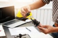 Engineers try to assemble machine parts together. In order to search the machine to help save human labor