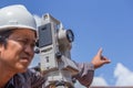 Engineers use tacheometer or theodolite for survey line columns Royalty Free Stock Photo