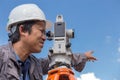 Engineers use tacheometer or theodolite for survey line columns Royalty Free Stock Photo