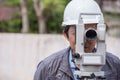 Engineers use tacheometer or theodolite for survey line columns Royalty Free Stock Photo