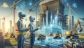 Engineers using AR headsets to visualize a holographic skyscraper amidst a futuristic construction site