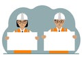 Engineers woman and man holding blank paper. Concept of builder, engineer, planner or designer.