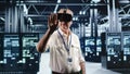 Enginner with vr headset in data center