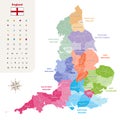 England ceremonial counties vector map colored by regions Royalty Free Stock Photo